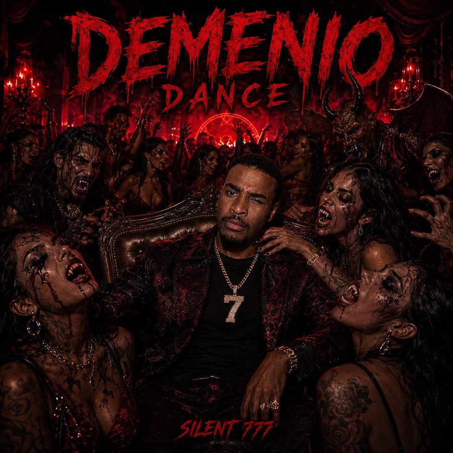 Cover art for Demenio Dance: Silent 777 on a throne in a red-lit hall, surrounded by monsters and a horned demon.