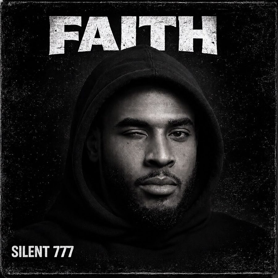 Cover art for Faith: black and white portrait of Silent 777 in a black hood.