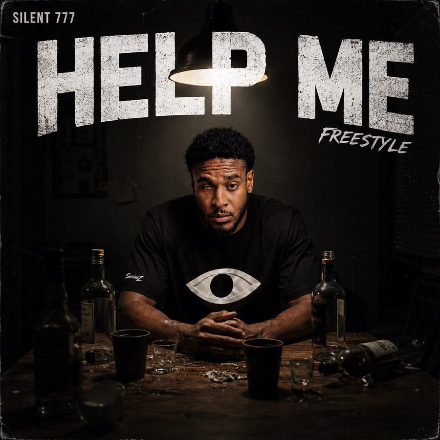 Cover art for Help Me Freestyle: Silent 777 at a dark table with empty bottles and cups, a lamp above him.