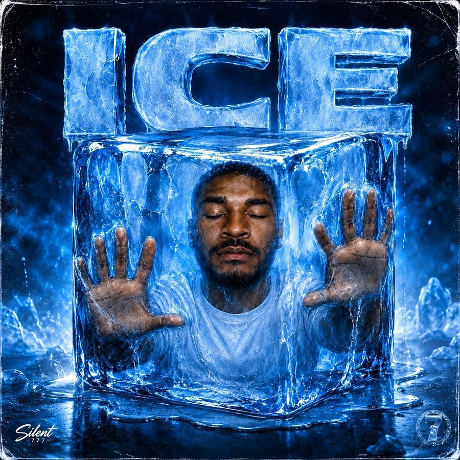 Cover art for ICE: Silent 777 inside a block of ice with his hands pressed against it.