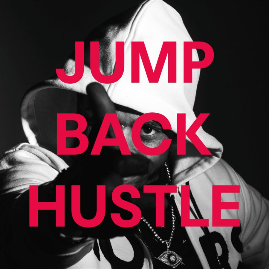Cover art for Jump Back Hustle: black and white photo of Silent 777 pointing at the camera under a white hood, with red lettering.