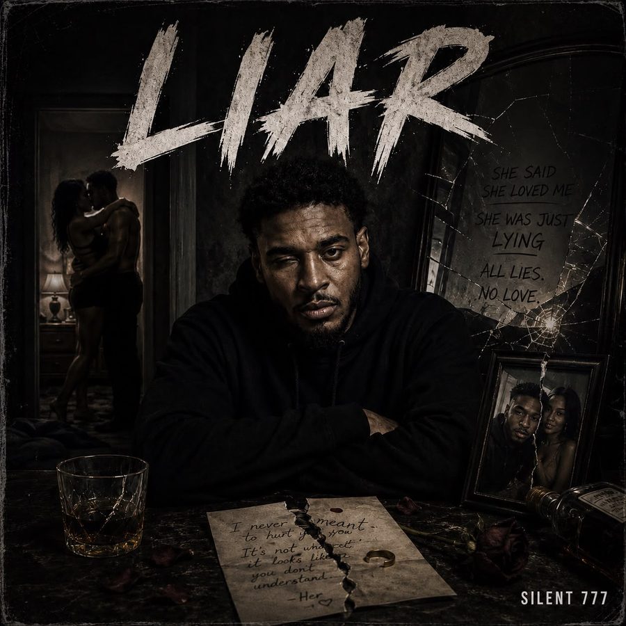 Cover art for Liar: Silent 777 at a table with a torn letter, a cracked mirror and a glass of whiskey.