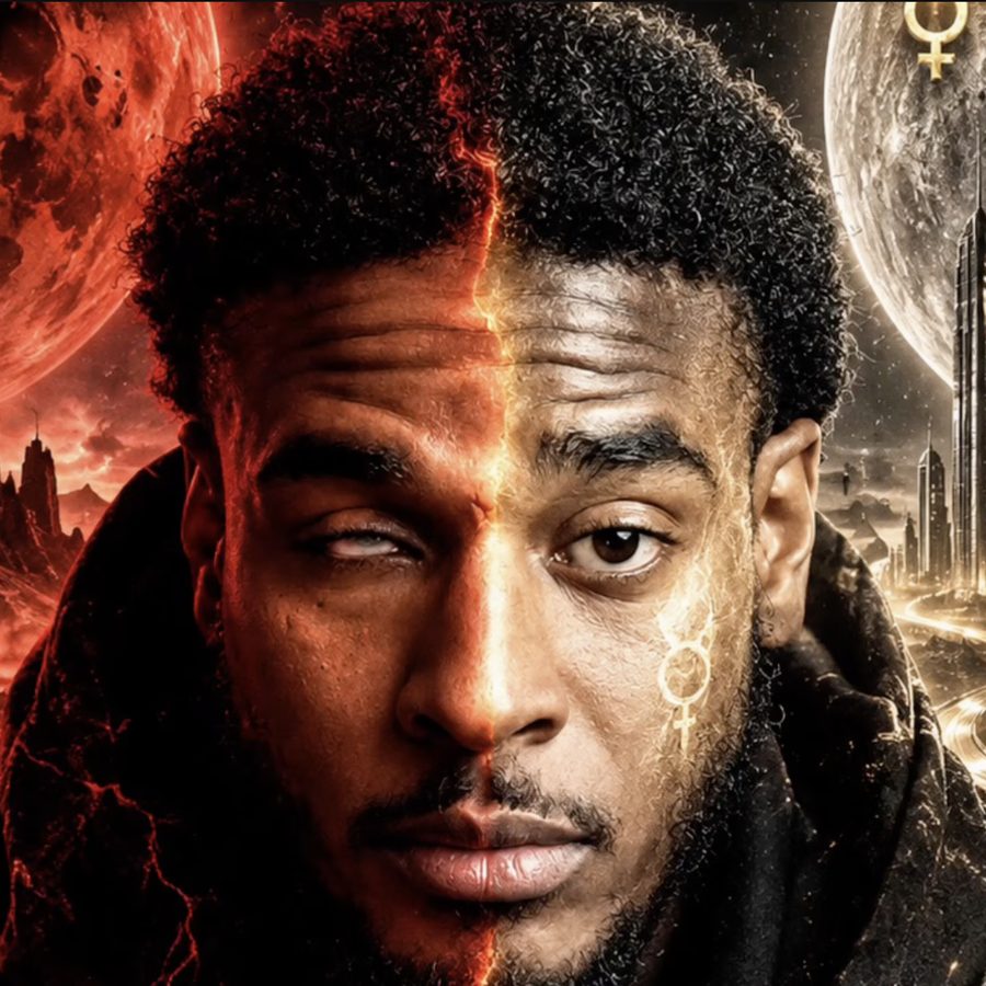 Cover art for Mars vs Mercury: Silent 777's face split down the middle, with a red war-torn Mars world on one side and a gold and silver Mercury city on the other.