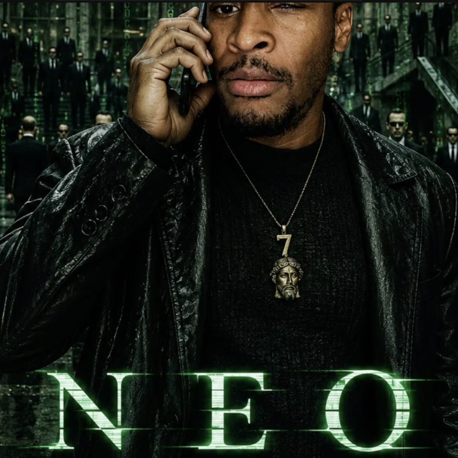 Cover art for Neo: Silent 777 in a black leather coat on a phone call, with rows of men in black suits behind him and the title glowing green.