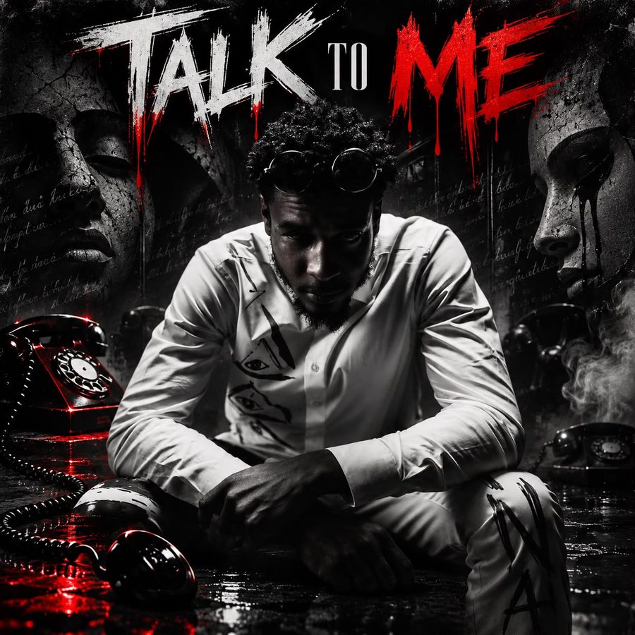 Cover art for Talk to Me: Silent 777 sitting on a wet floor in a white shirt, with red telephones and cracked masks around him.