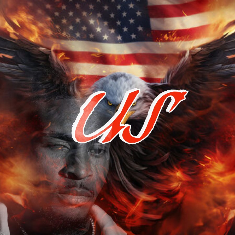 Cover art for US: Silent 777's face over a burning American flag and an eagle.