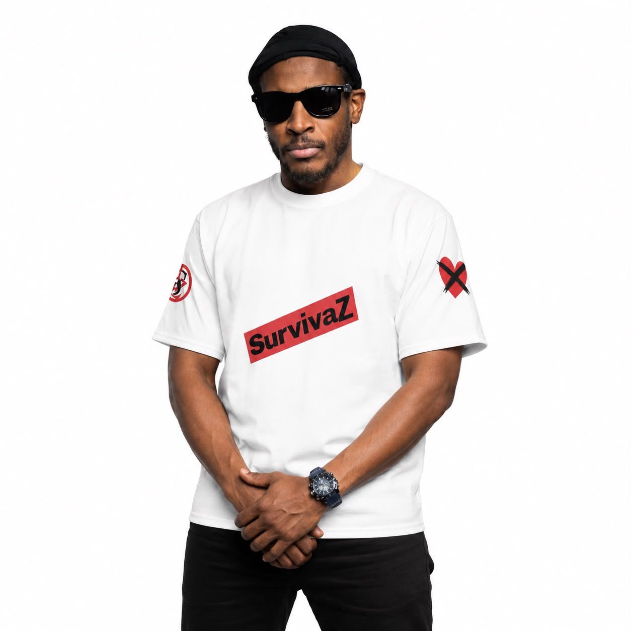 White tee with a red SurvivaZ label on the chest and emblems on both sleeves.